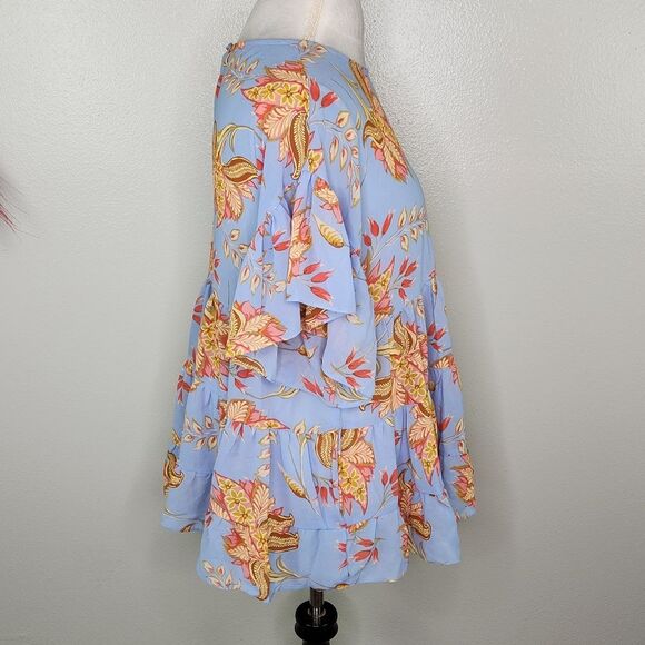 F21 Honstee Blue Floral Tiered Ruffle Flutter Sleeve Babydoll Blouse Size Large - Picture 6 of 12